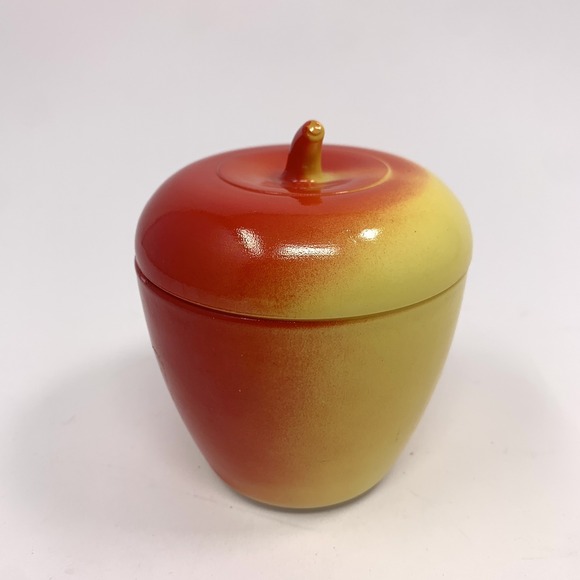 Vintage Hazel Atlas 4" Apple Milk Glass Jam Jar With Lid - Red and Yellow - Picture 3 of 12